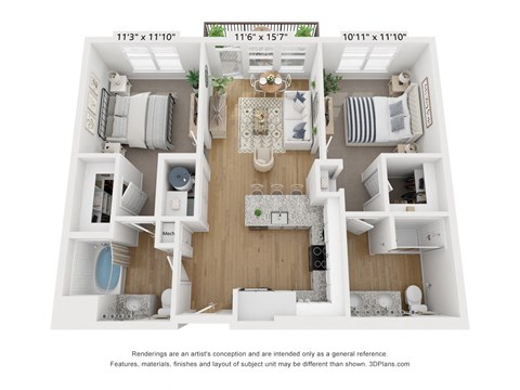 Floor plan for 2 beds, 2 baths, 917 sqft